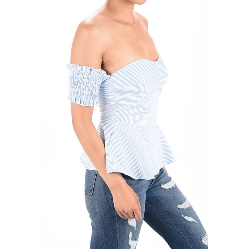 Off Shoulder Smocked Sleeve Peplum Top - Picture 3 of 4